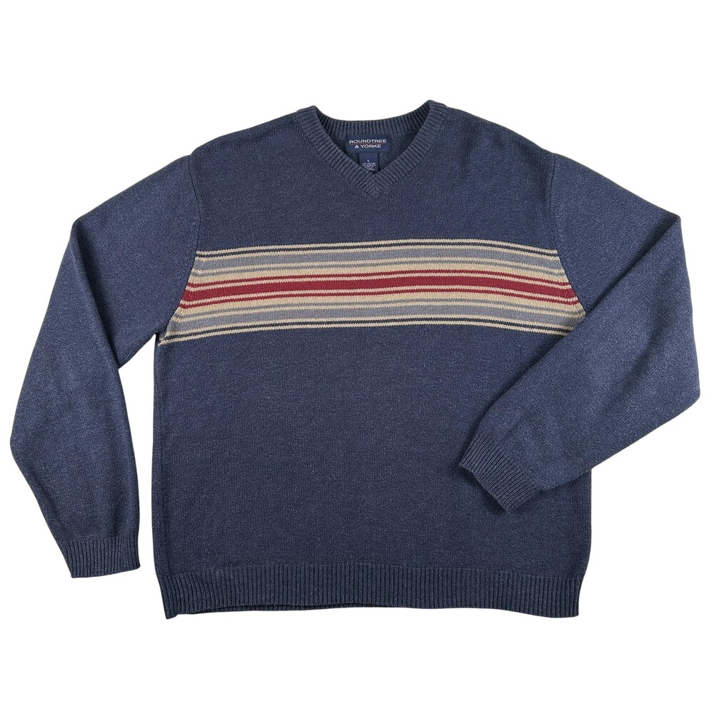 Vtg Roundtree & Yorke Sweater Mens Large Stripe V Neck Knit Pullover Casual Y2K